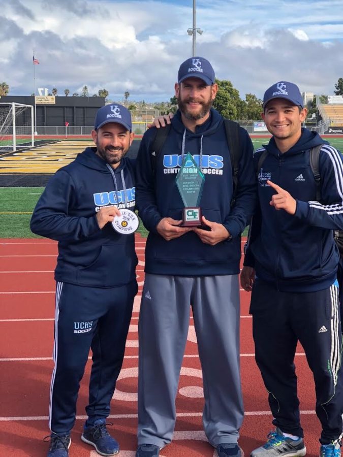 JV Head Coach Russell Paluso, Head Coach Chris Tolles. and Assistant Coach Chris Churness (left to right) after UC wins the Division III CIF title. 