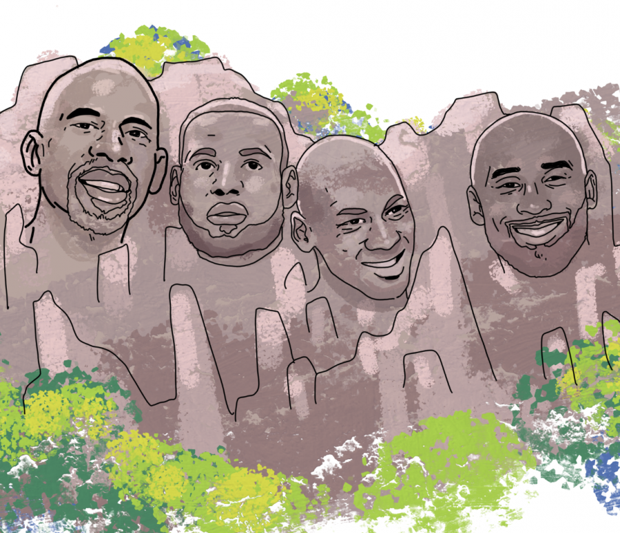 Michael Jordan, Kobe Bryant, Kareem Abdul-Jabaar, and Lebron James on Mount Rushmore as they battle for the title of  "greatest of all time." 