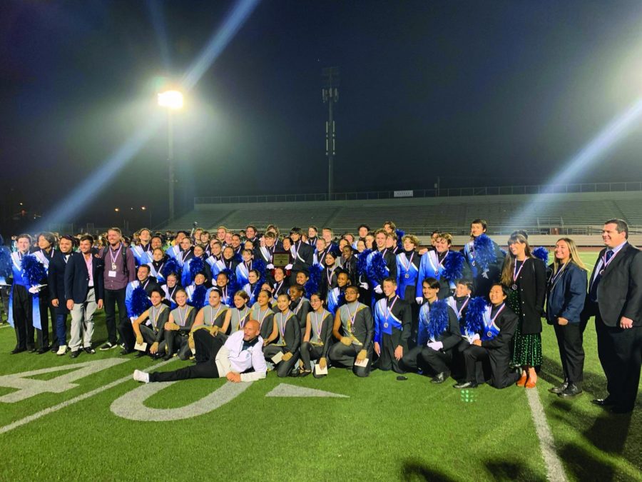 University City High's Centurion Sound pictured with Band Director Brandon Corenman, section staff and Principal Michael Paredes at Ramona High in Riverside, California after perorming their field show titled "Reflection."