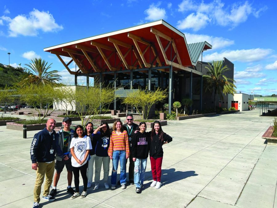 Principal Michael Paredes, Junior Nicholas Oshmago, Sophomore Katrial Hernandez, Sophomore Kimberly Ng, Junior Andrea Lanatta-Valera, Junior Allison Turley, Assistant Principal Alex Villalobos, Sophomore Giselle Campos and Junior Lizette Campos(left to right) visit Patrick Henry High School to get ideas for UC High’s Media Center.