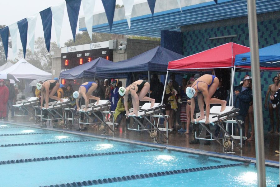 Juniors Tatiana Dorrestein(left) and Sophia Knowles(right) on the dive block about to start their event on March 10.