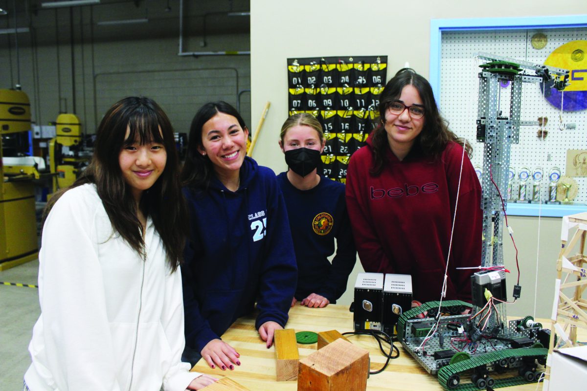 Senior+Eileen+Kim%2C+Junior+Sophia+Klapperich%2C+Senior+Tatiana%0ADorrestein%2C+and+Senior+Nada+Majeed+hard+at+work+in+the%0Aengineering+lab.